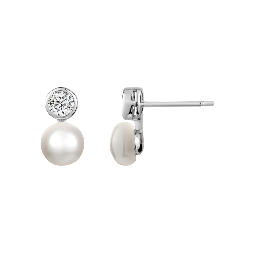 Sterling Silver Bezel Cubic Zirconia & Genuine Pearl Drop Earrings