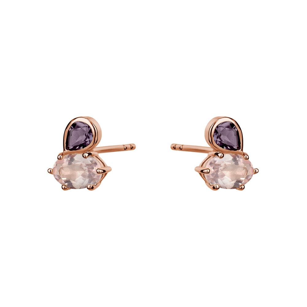Sterling Silver 18K Rose Gold Plated Genuine Rose Quartz and Amethyst Studs