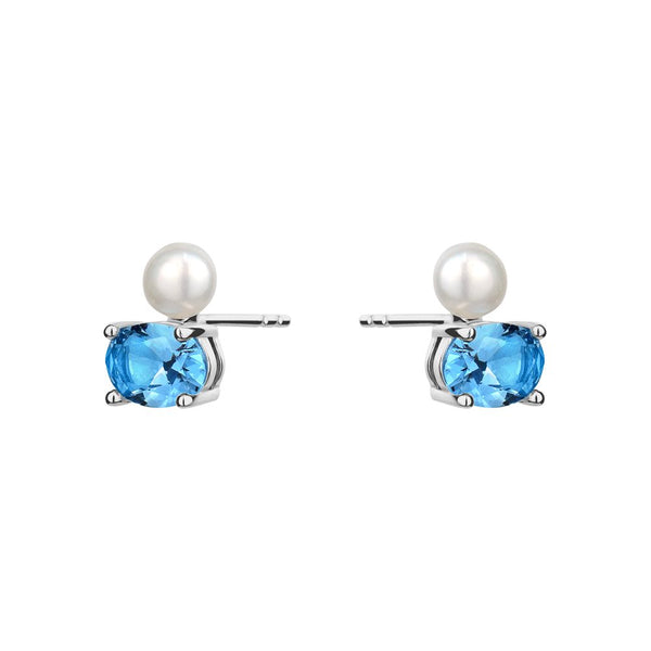Sterling Silver Genuine Oval Blue Topaz and Pearl Studs