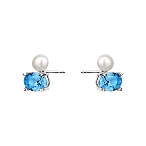 Sterling Silver Genuine Oval Blue Topaz and Pearl Studs