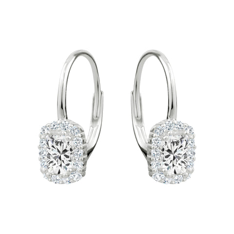 Sterling Silver Cubic Zirconia Halo Rectangle Leverback Drop Earrings