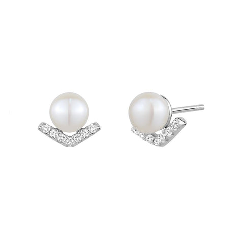 Sterling Silver Cubic Zirconia Genuine Pearl Chevron Studs