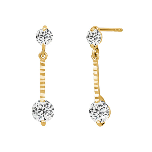 Yellow Gold Double Cubic Zirconia Ribbed Drop Earrings
