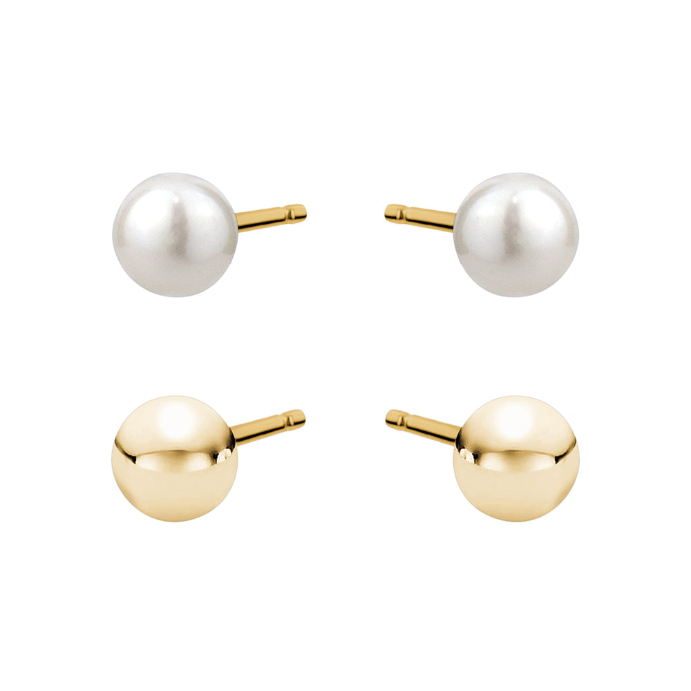 Yellow Gold Duo Genuine Pearl Stud & Gold Ball Stud