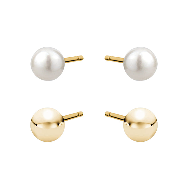 Yellow Gold Duo Genuine Pearl Stud & Gold Ball Stud