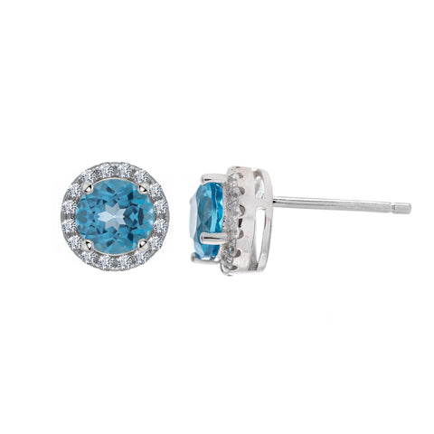 Sterling Silver Genuine Swiss Blue Topaz Cubic Zirconia Halo Round Studs