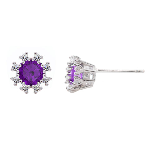 Sterling Silver Genuine Amethyst Cubic Zirconia Sunshine Round Studs