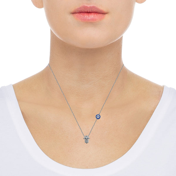 Sterling Silver Cubic Zirconia Chamsa and Evil Eye Necklace