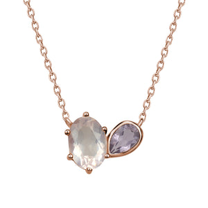 Sterling Silver 18K Rose Gold Plated Genuine Rose Quartz and Amethyst Necklace