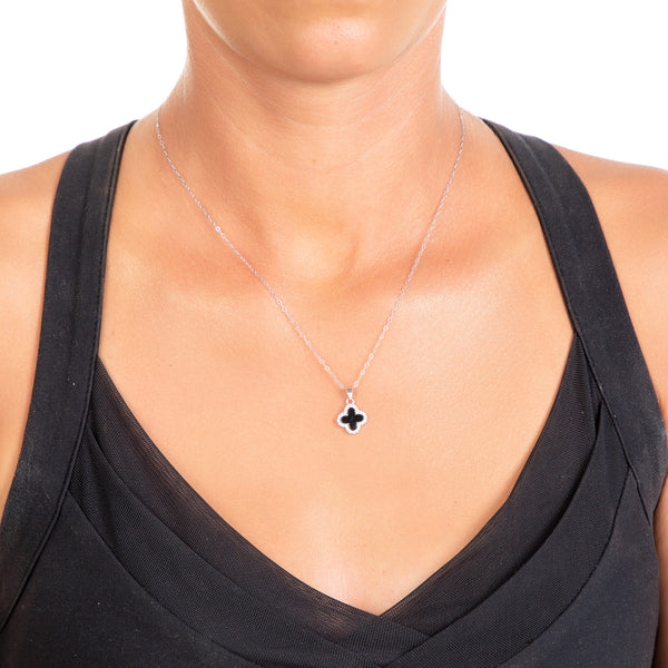 Sterling Silver Genuine Onyx & Cubic Zirconia Clover Pendant