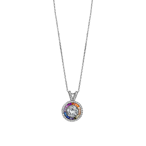 Sterling Silver Cubic Zirconia  w/Rainbow Cubic Zirconia Halo Pendant