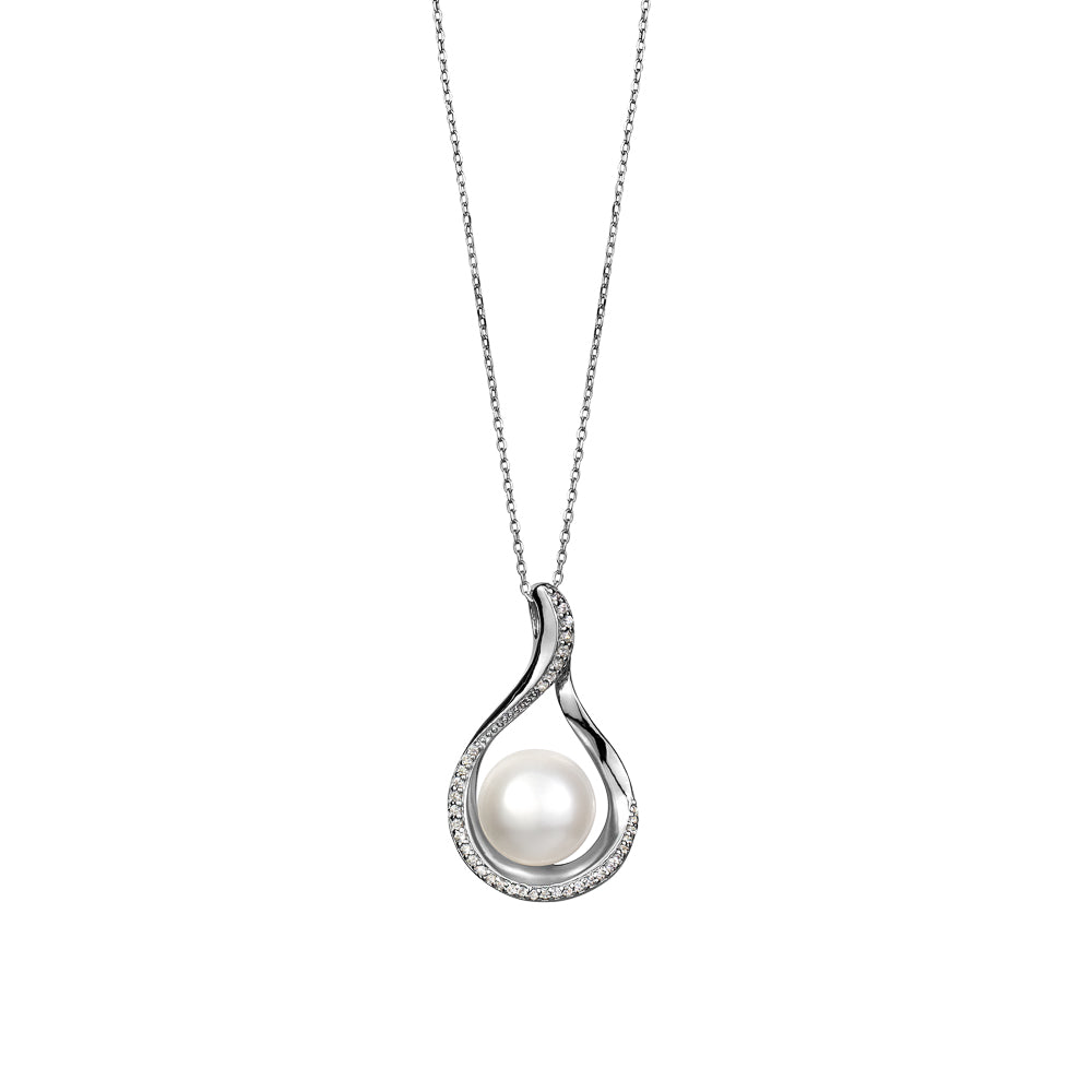 Sterling Silver Large Genuine Pearl & Cubic Zirconia Swirl Pendant