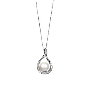 Sterling Silver Large Genuine Pearl & Cubic Zirconia Swirl Pendant