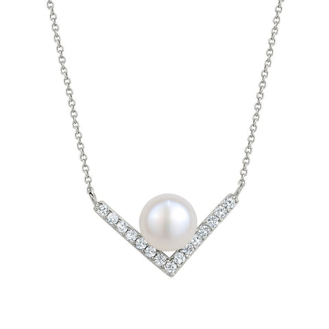 Sterling Silver Cubic Zirconia Genuine Pearl Chevron Necklace