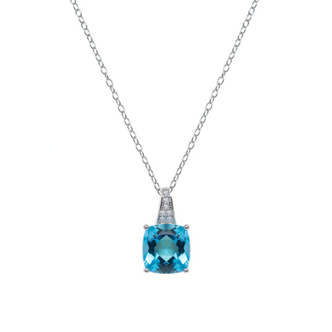 Sterling Silver Genuine Swiss Blue Topaz Cubic Zirconia Cushion-Cut Pendant