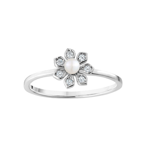 Sterling Silver Cubic Zirconia Pearl Flower Ring