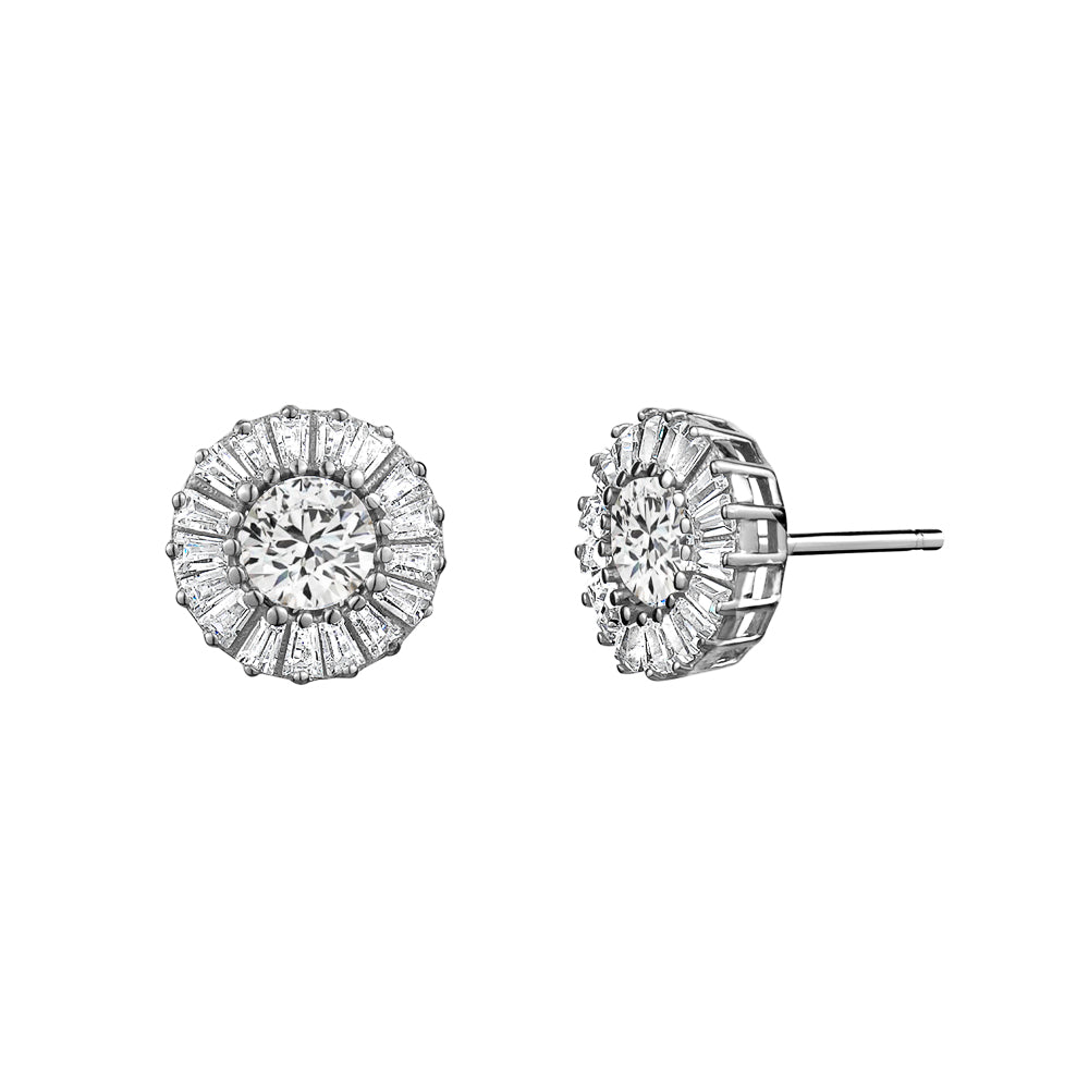 Sterling Silver Cubic Zirconia & Baguette Halo Studs