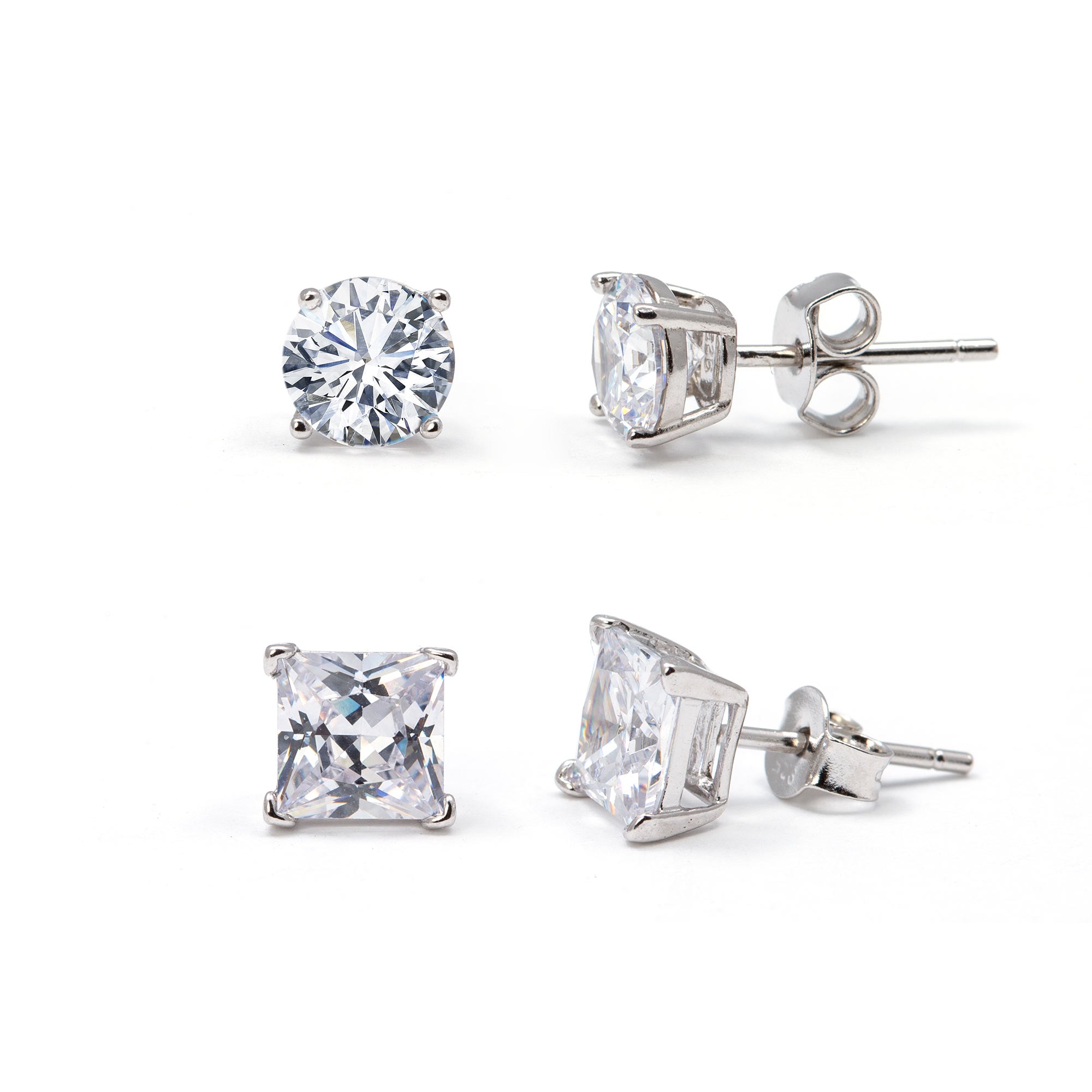Sterling Silver quare Round Cubic Zirconia Studs Duo