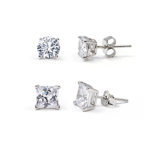 Sterling Silver quare Round Cubic Zirconia Studs Duo