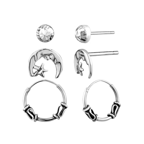 Sterling Silver Diamond Cut Ball Stud, Moon Stud, and Bali Hoop Trio