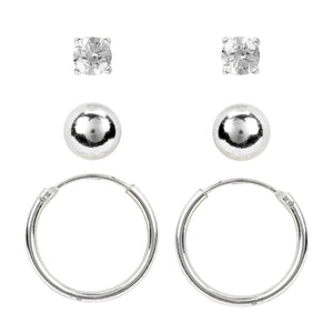 Sterling Silver Cubic Zirconia Stud, Polished Ball, & Hoop Trio