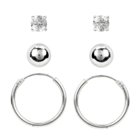 Sterling Silver Cubic Zirconia Stud, Polished Ball, & Hoop Trio