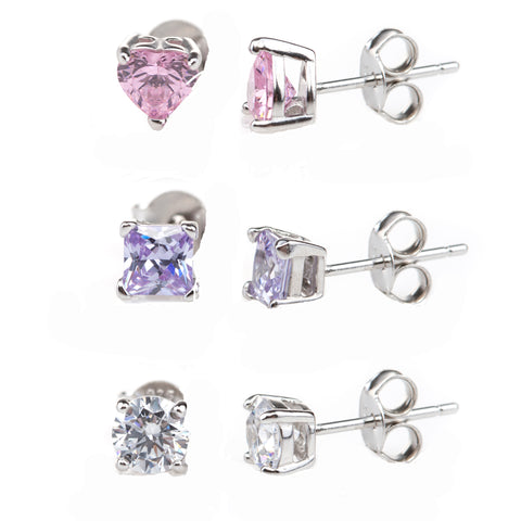 Sterling Silver Pink Topaz Heart, Amethyst Square, Round White Topaz Trio