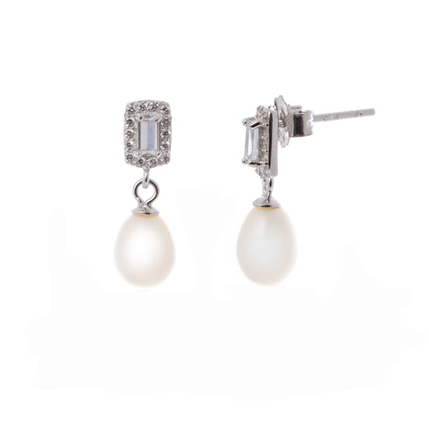 Sterling Silver Cubic Zirconia Genuine Pearl Drop Earrings