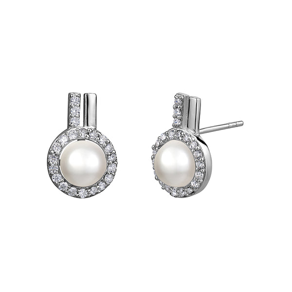 Sterling Silver Cubic Zirconia Halo Genuine Pearl Studs