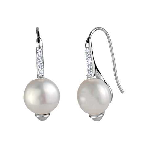 Sterling Silver Genuine Pearl Cubic Zirconia Drop Earrings