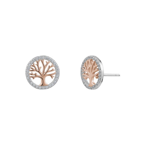 Sterling Silver & Rose Gold Plated Cubic Zirconia Tree of Life Studs