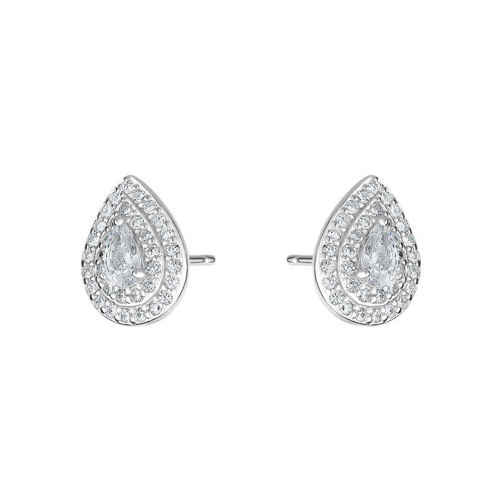 Sterling Silver Cubic Zirconia Pear Halo Studs
