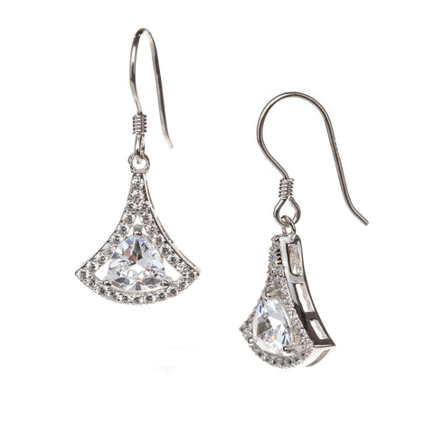 Sterling Silver Cubic Zirconia Trillion Fan Drop Earrings