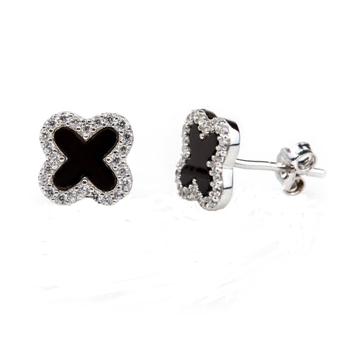 Sterling Silver Genuine Black Onyx & Cubic Zirconia Clover Studs