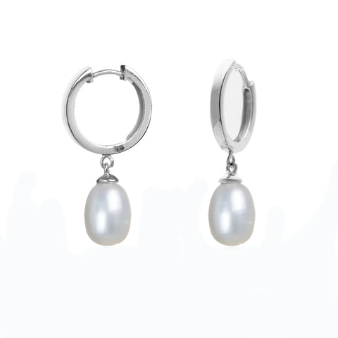 Sterling Silver Genuine Pearl Drop Huggies