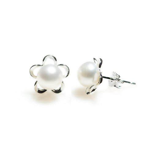 Sterling Silver Genuine Pearl Flower Studs