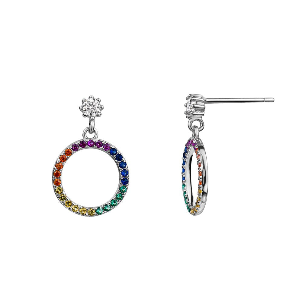 Sterling Silver Rainbow Cubic Zirconia Circle Drop Earrings