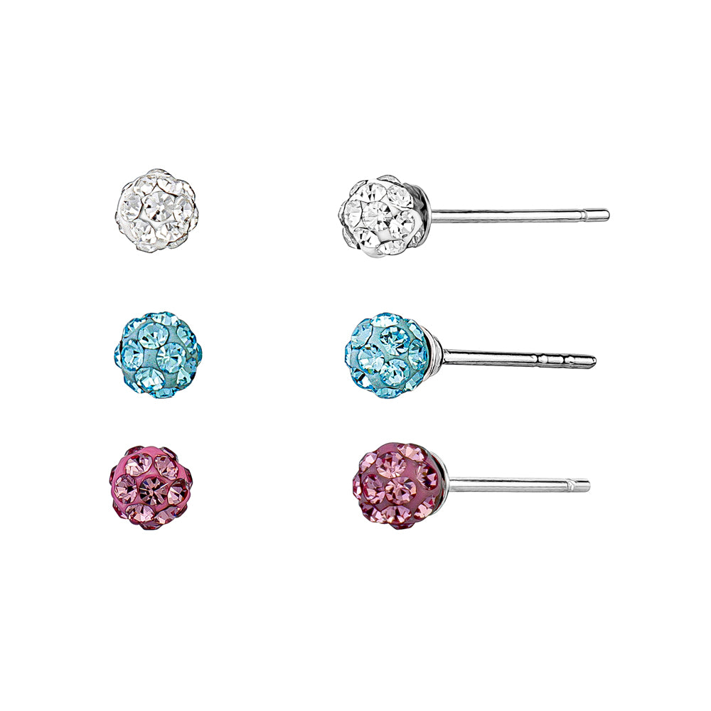 Sterling Silver Pink, Blue, Clear Crystal Ball Trio