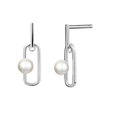 Sterling Silver Paperclip Genuine Pearl Drop Earrings