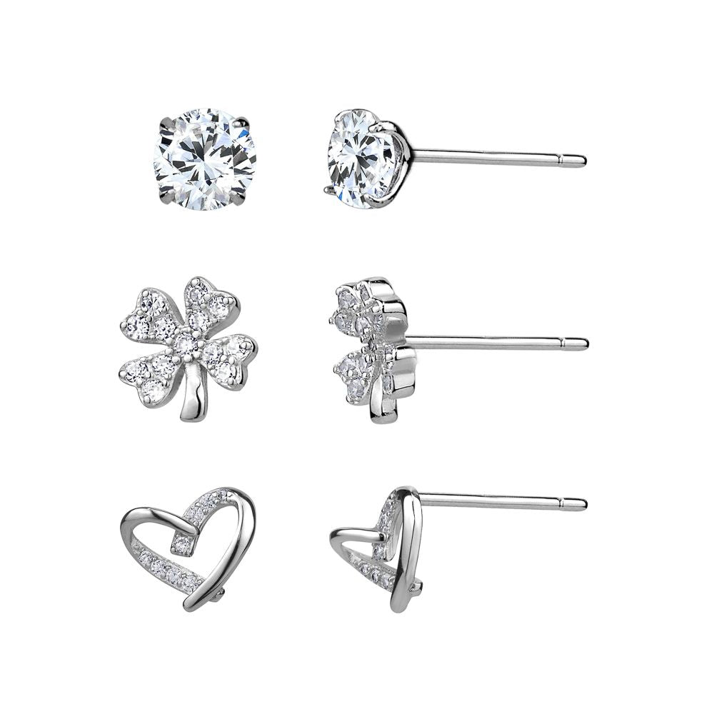 Sterling Silver Cubic Zirconia Stud, Flower, and Heart Trio