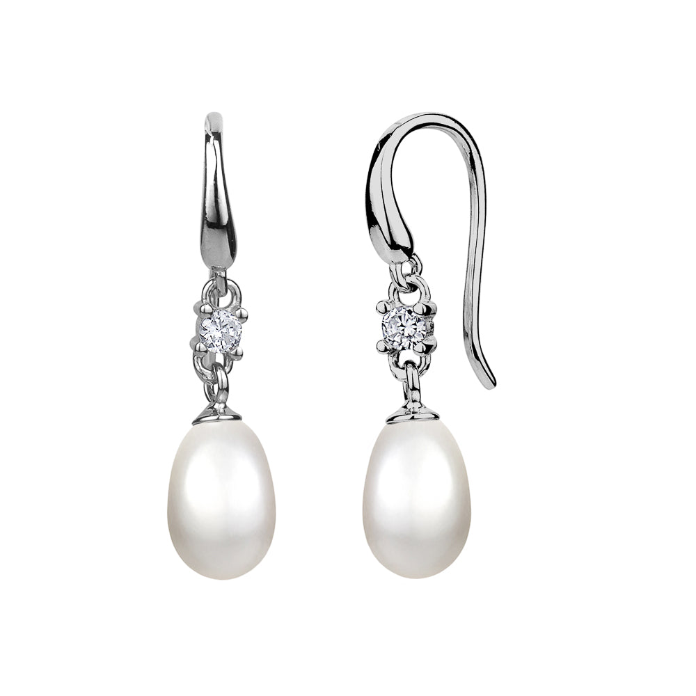 Sterling Silver Genuine Pearl Cubic Zirconia Drop Earrings