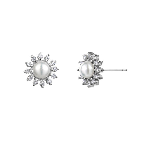 Sterling Silver Genuine Pearl Cubic Zirconia Sunshine Halo Studs