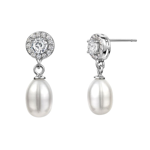 Sterling Silver Cubic Zirconia Halo Genuine Pearl Drop Earrings