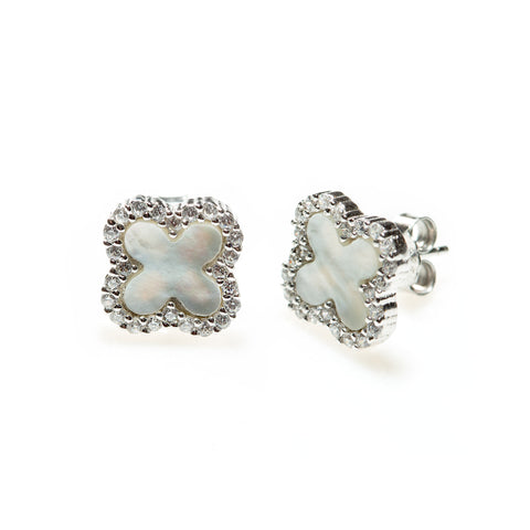 Sterling Silver Genuine Mother of Pearl & Cubic Zirconia Clover Studs