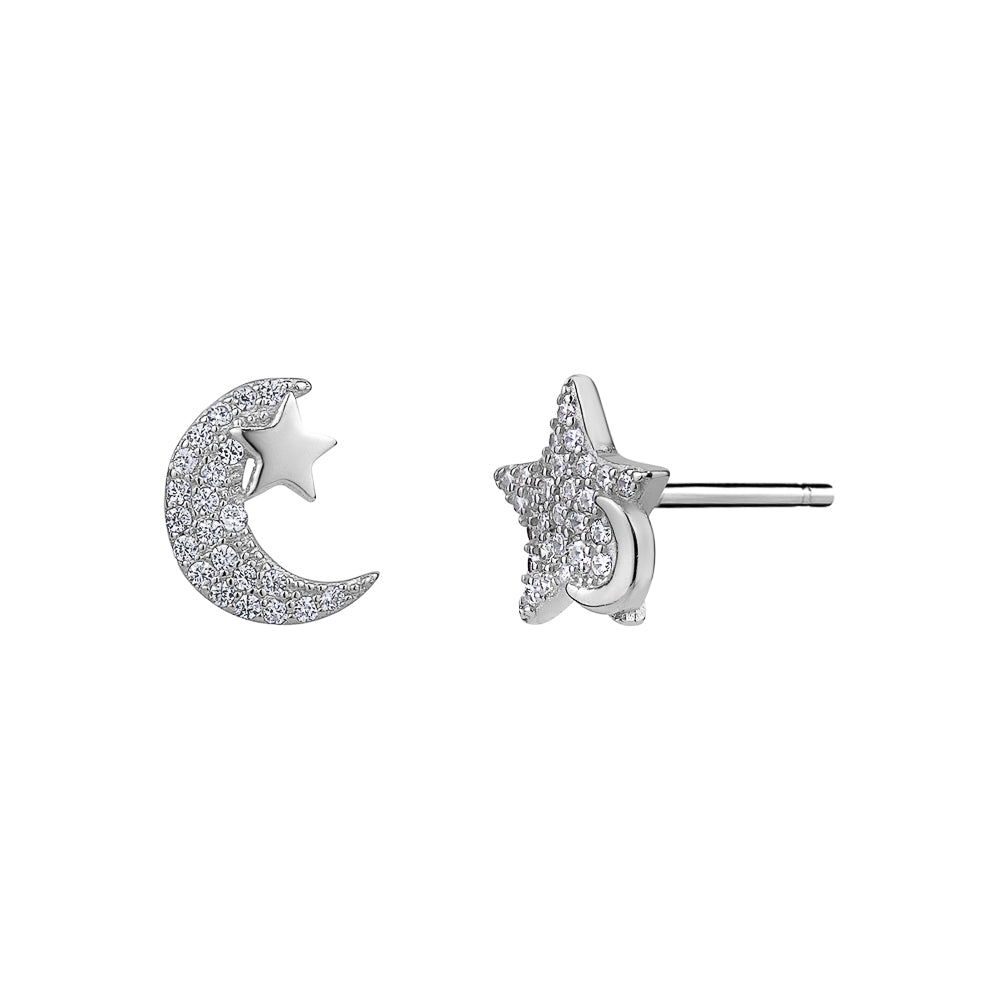 Sterling Silver Cubic Zirconia Moon & Star Studs