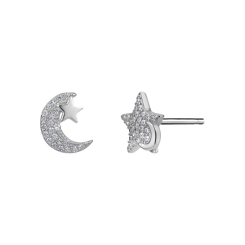 Sterling Silver Cubic Zirconia Moon & Star Studs