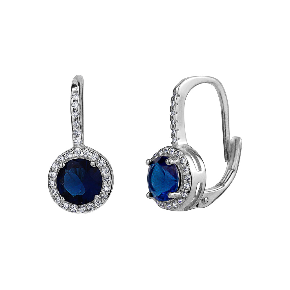 Sterling Silver Round Blue Cubic Zirconia Halo Leverback Drop Earrings