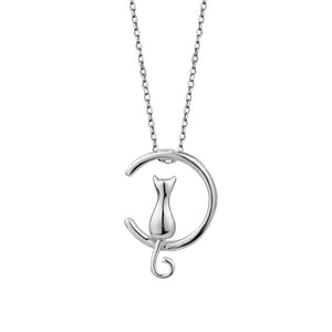 Sterling Silver Cat On Moon Pendant