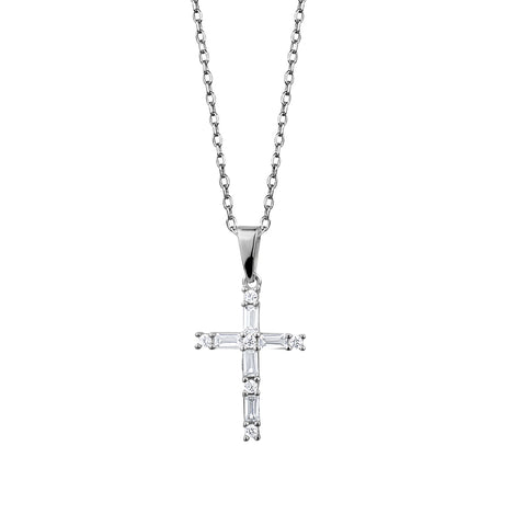 Sterling Silver Cubic Zirconia Baguette Cross Pendant