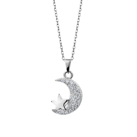 Sterling Silver Cubic Zirconia Moon & Star Pendant